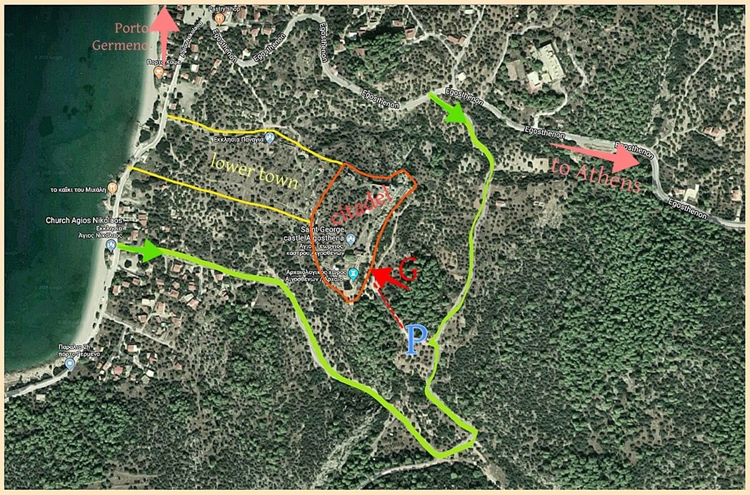 Archaeological site plan. The yellow lines show the position of the two long walls (lower town), while the red line shows the limits of the citadel. The red arrow (G) show the entrance to the citadel for the tourist, while the blue arrow shows the entrance to the Panagia chapel and the basilica ruins. (P)=Parking. The light green line (and the two green arrows) shows the peripheral road, through which the visitor can drive to the parking for visiting the citadel.