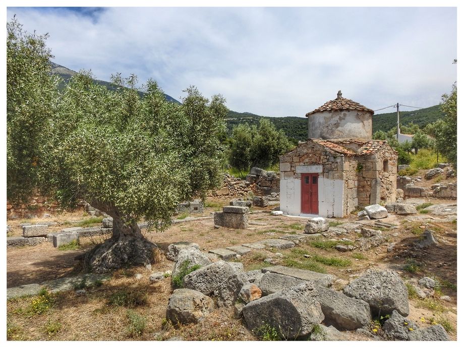 The Panagia chapel and the basilica ruins in the foreground.