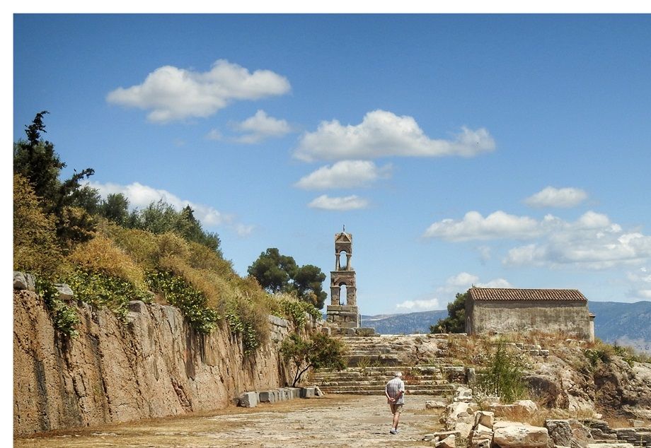 The Rock Terrace.  Panagitsa chapel and the bell tower on the Acropolis.