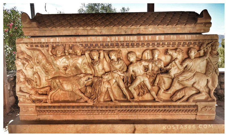 Marble sarcophagus with a relief about the hunt of the Calydonian boar on its main face (2nd century AD), in the courtyard of the Archaeological Museum of Eleusis.