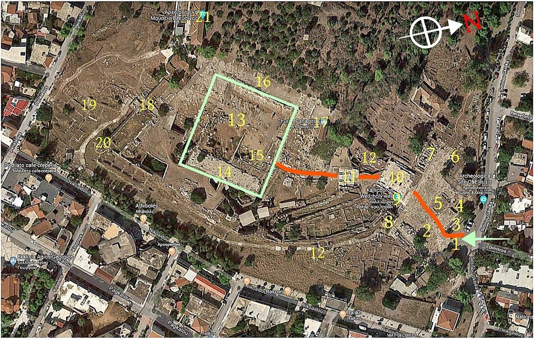 The archaelogical site on the map. The red path shows the last part of the Sacred Way. 1-Entrance & ticket booth, 2-Roman Court, 3-northwestern Stoa, 4-Eschara, 5- Temple of Artemis Propylaea, 6-West Triumphal Arch, 7-bust of Marcus Aurelius, 8- East Triumphal Arch, 9-Kallichoron Well, 10-Greater Propylaea, 11-Lesser Propylaea, 12-5th BC century wall, 13-Telesterion (included in the green square), 14-portico of Philo, 15-Megaron, 16-Rock Terrace, 17-Panagitsa chapel and belfry, 18-South Gate, 19-Gymnasium, 20-4th BC century fortification wall, 21-Archaelogical museum.