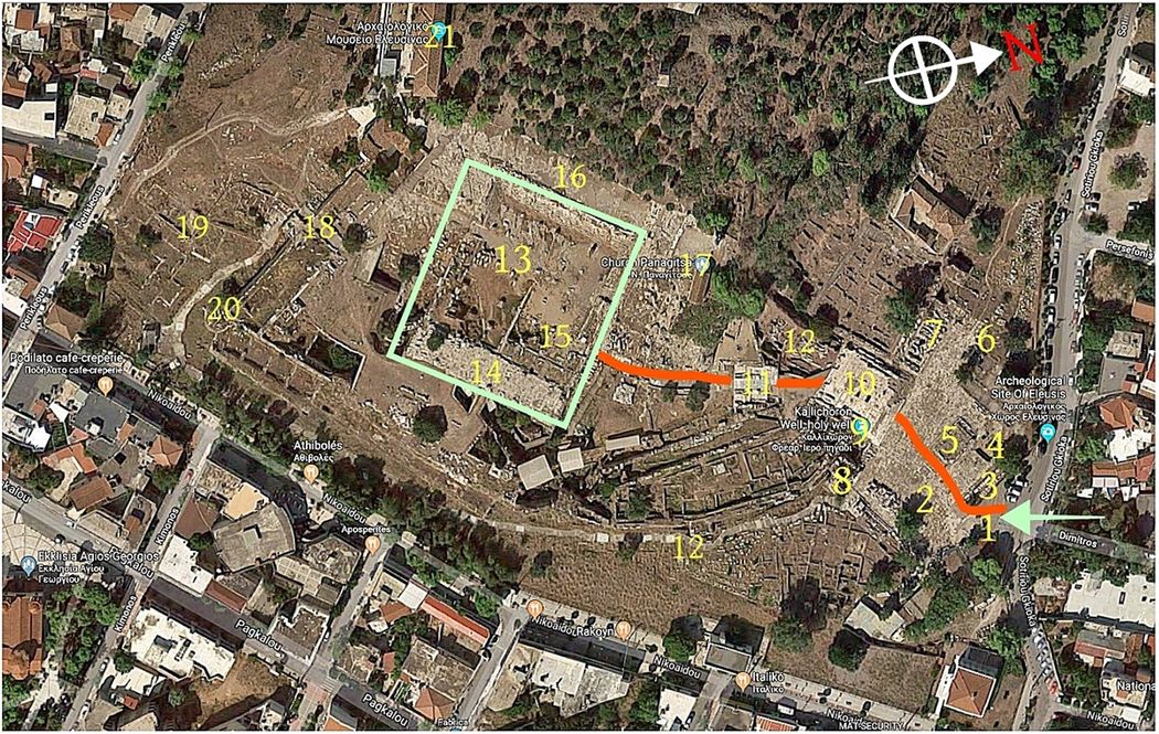 The archaelogical site on the map. The red path shows the last part of the Sacred Way. 1-Entrance & ticket booth, 2-Roman Court, 3-northwestern Stoa, 4-Eschara, 5- Temple of Artemis Propylaea, 6-West Triumphal Arch, 7-bust of Marcus Aurelius, 8- East Triumphal Arch, 9-Kallichoron Well, 10-Greater Propylaea, 11-Lesser Propylaea, 12-5th BC century wall, 13-Telesterion (included in the green square), 14-portico of Philo, 15-Megaron, 16-Rock Terrace, 17-Panagitsa chapel and belfry, 18-South Gate, 19-Gymnasium, 20-4th BC century fortification wall, 21-Archaelogical museum.