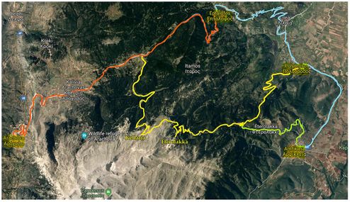 Red line: Arachova-Agoriani road. Blue line: Agoriani-Polydrosos-Amfikleia road. Green line: Amfikleia-Fterolakka road. Yellow line: Polydrosos-Fterolakka-Kellaria-Agoriani road.