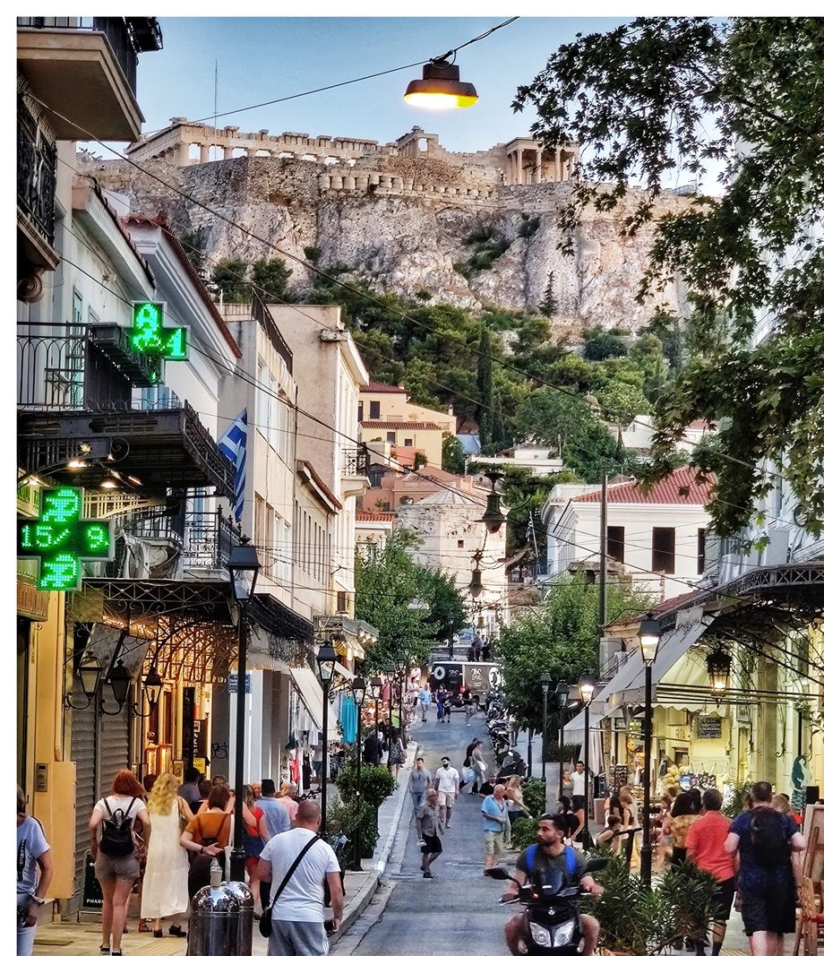 The north slope of Acropolis seen from Aiolou street (Monastiraki/Plaka).