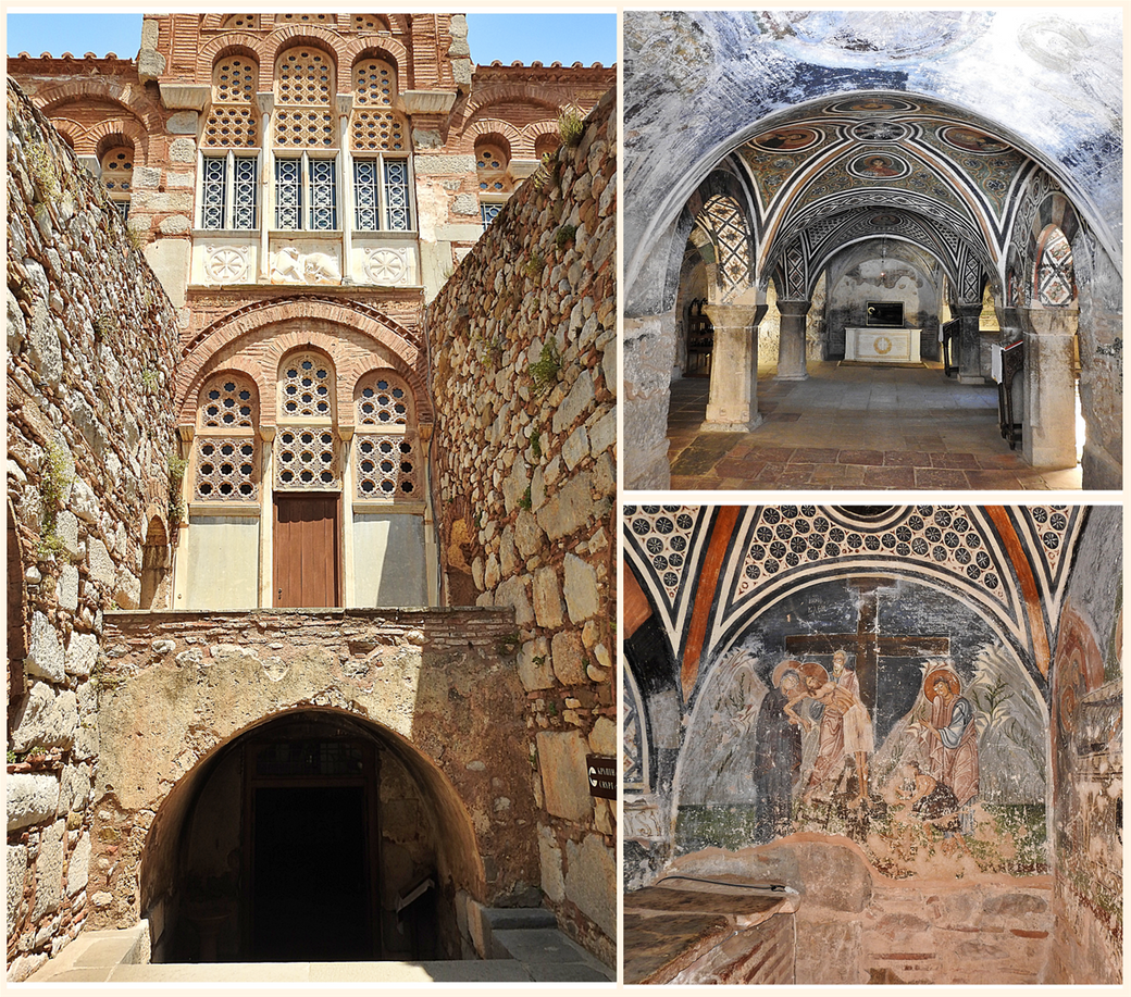 The entrance to the crypt (left). The Osios Loukas tomb inside the crypt (top right) and frescos (bottom right).