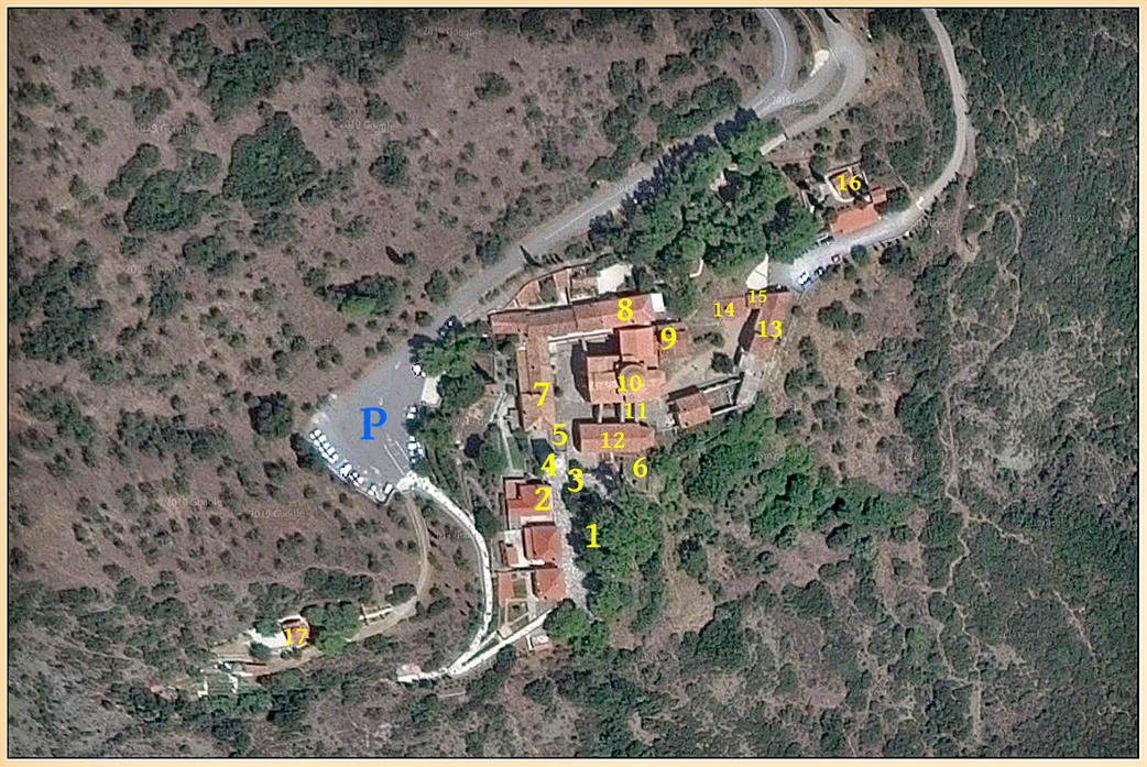 The monastery and its buildings. P=car park; 1=courtyard outside the walls; 2=café & shop; 3=South (main) entrance; 4=clock tower; 5=fountain; 6=oil press court; 7=west cells wing; 8=north cells wing and history museum; 9= Church of Theotocos (Virgin Mary); 10=katholikon; 11=crypt; 12=refectory-museum; 13=vordonario-art gallery; 14= calefactory (fotanamma); 15=north gate; 16=cemetery chapel; and 17= Church of the Transfiguration.