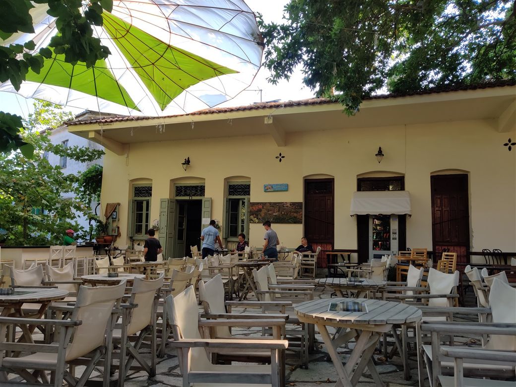 The cafe on the main square of Metaxochori in the summer.