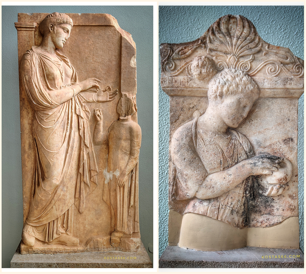 Funerary stelai. Funerary relief depicting a young woman (the dead) holding a necklace (originally painted in); on the right her maid; second quarter of the 4th century BC (left). Funerary stele of a young woman, Nikeso, holding a bird; 425-410 BC (right).