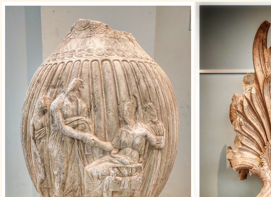 Room 8 exhibits. Marble funerary urn in the shape of an 
