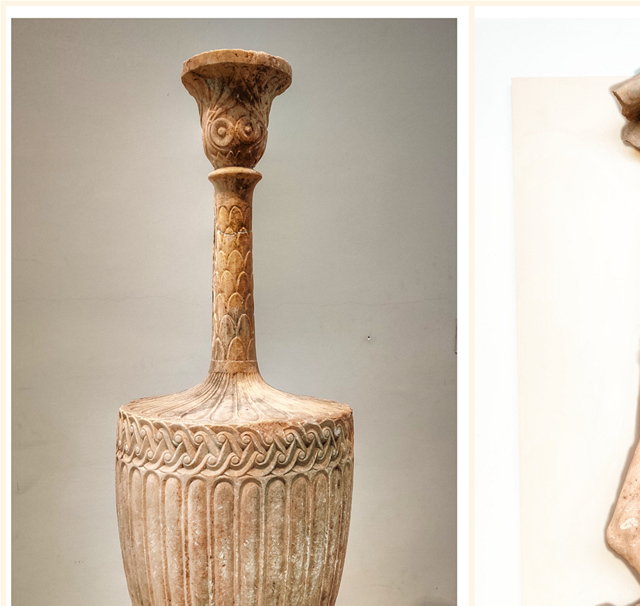 Room 8 exhibits. Grave lekythos with reliefs of vines and abstract patterns in zones; early 4th c.BC (left). A stele of Illissos type; the dead youth supports his head on his raised hand, while a boy stands in front of him; 330 BC; from the cemetery of Piraeus in Thivon street (right).