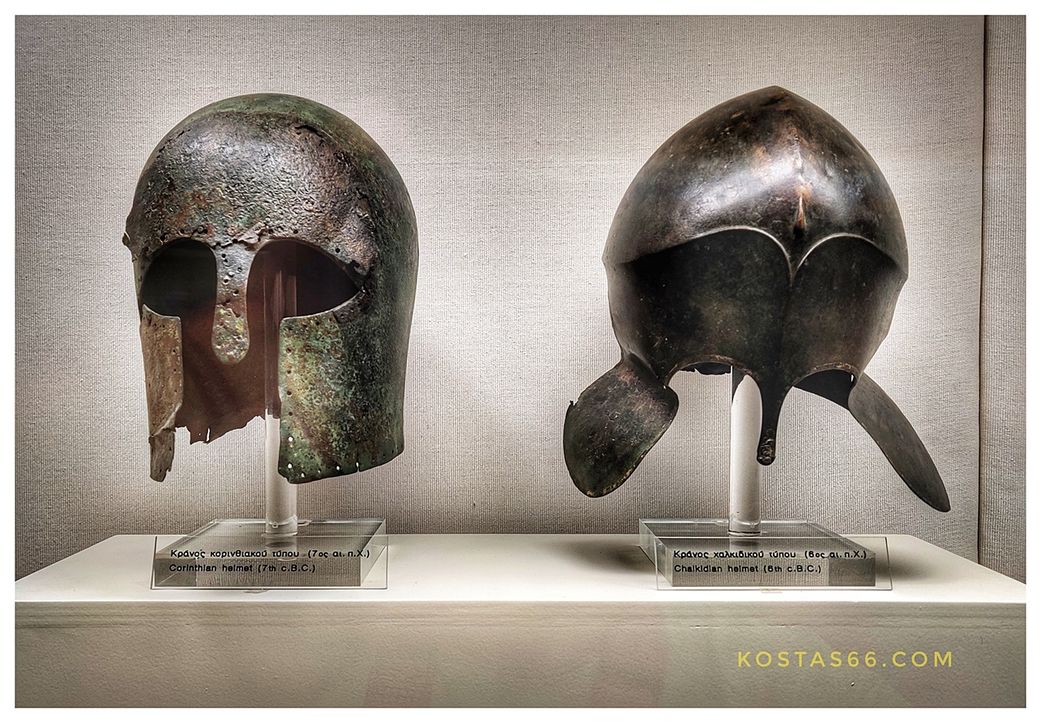 Corinthian helmet, 7th c.BC (left) and Chalkidian helmet, 6th c.BC (right).