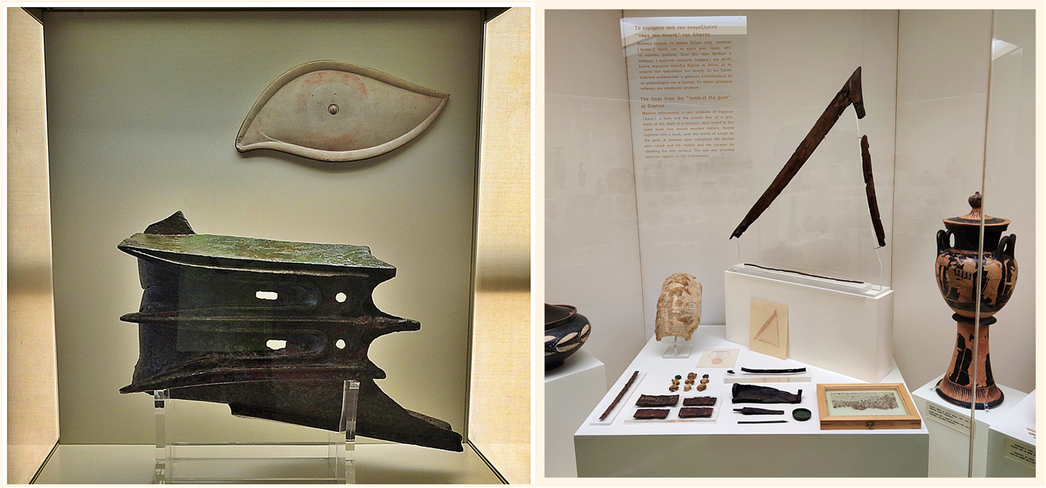 A marble eye from the prow of a Greek trireme and a bronze ram in the form of a trident of a trireme (left). The finds from the 