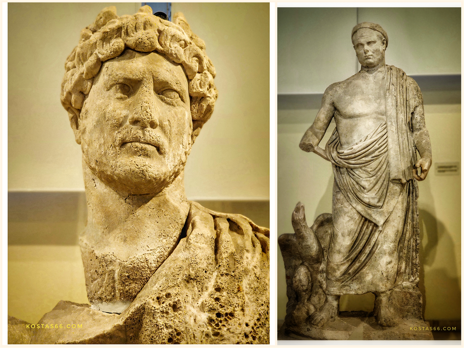 Upper part of a larger-than-life statue of the Roman Emperor Hadrian; it was found in the harbour of Piraeus (left). Larger than life statue of Roman Emperor Balbinus; next to him stands an eagle, his emblem (right).