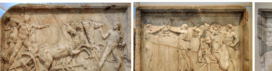 Scalptured plaques which were found in the harbour of Piraeus in the winter of 1930-31.  The were part of the cargo of a wrecked ship, the destination of which was Italy; mid-2nd c. AD.