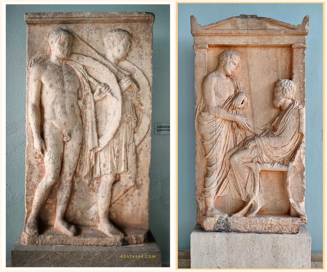 Funerary stelai. Funerary stele of two young hoplites, Chairedemos and Lykeas, who presumably died in the Peloponnesian war; circa 420 BC (left). Funerary stele of Hippomachos and kallias. The young Hippomachos, standing, bids farewell to the old Kallas, his father perhaps, who is seated; early 4th century BC (right).