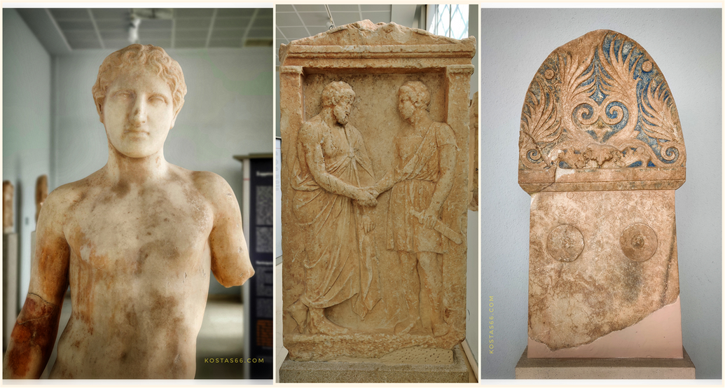 Statue, perhaps funerary, of a young athlete; c. 400BC (left). Funerary stele depicting a young warrior offering his right hand in farewell to an old man; the names Smikros, Smikros Akosio appear engraved on the architrave; the two men are probably grandfather and grandson; early 4th century BC (middle). THe upper part of the stele, with palmette, of Diogenes son of Apollonides, from Pyrrha on Lesbos; The delicate workmanship of the palmette stands out thanks to the good state of preservation of the paint, especially the blue background of the stele; first half of the 4th c.BC; from Kastraki Drapetsonas (right).