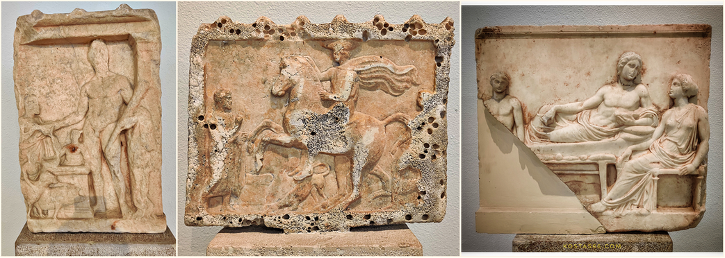 Votive reliefs in room 5. Votive relief for Hercules; 4th c.BC (left). Votive relief for a hero; 4th c.BC (middle). Votive relief of the so-called Banqueting Hero type; 400-380 BC (right).