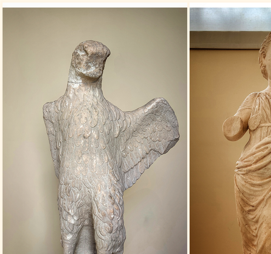 Hellenistic sculptures. Eagle from a grave monument; end of 4th c.BC (left). Statue of a little girl holding a goose; Hellenistic period (right).