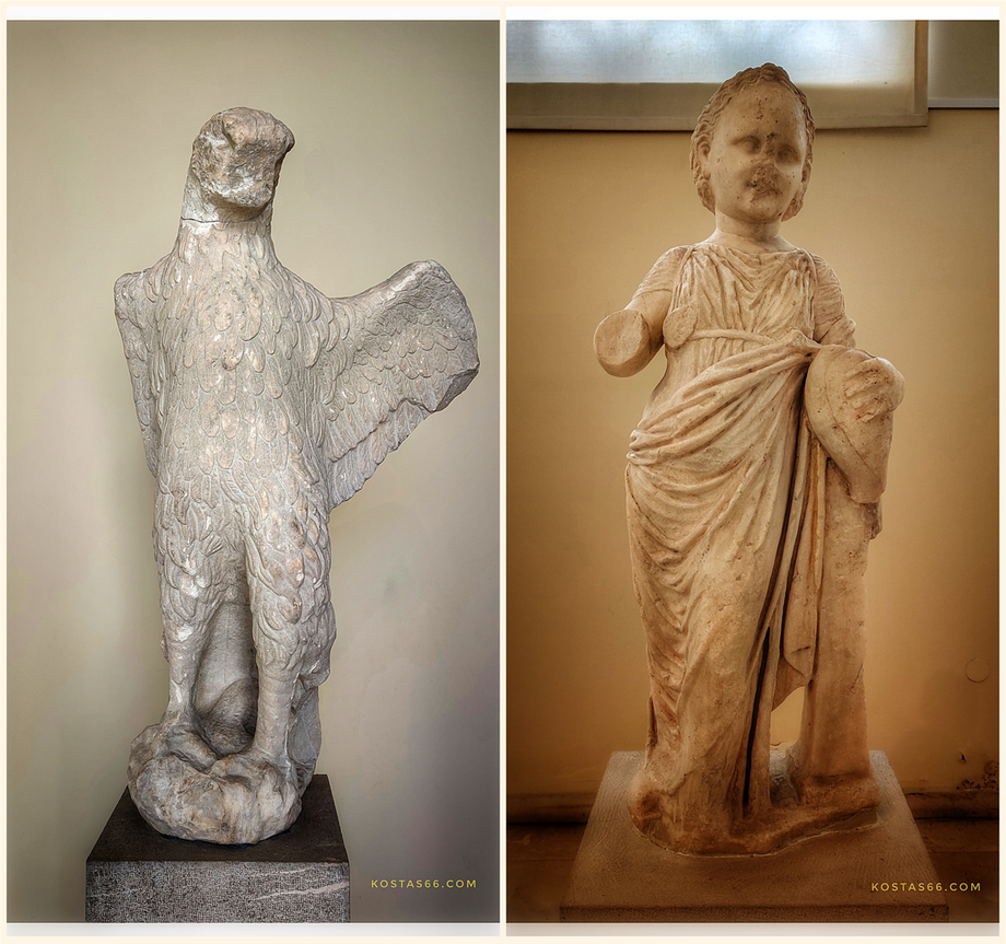 Hellenistic sculptures. Eagle from a grave monument; end of 4th c.BC (left). Statue of a little girl holding a goose; Hellenistic period (right).