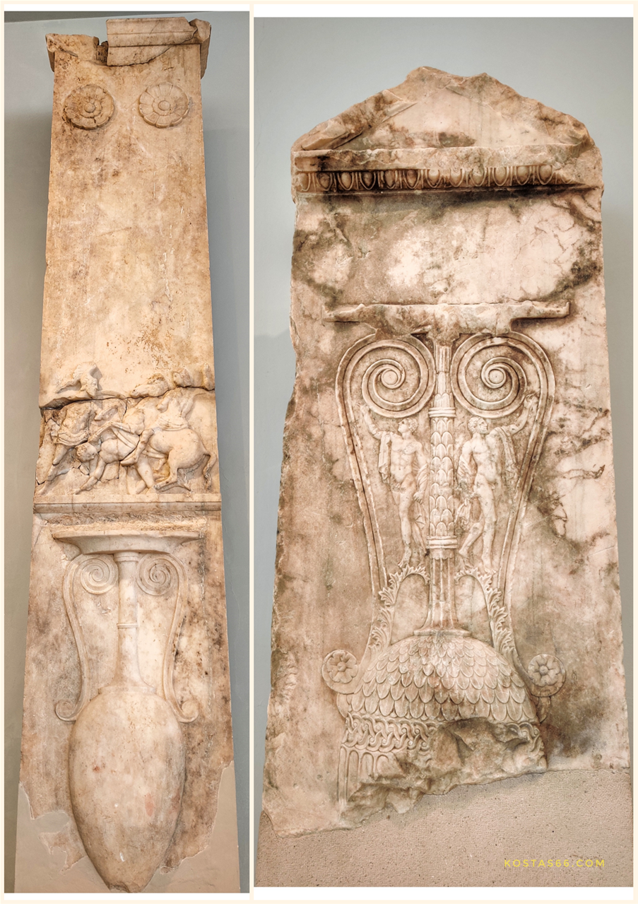 The grave stele of Panchares, son of Leochares; a unique stele in regard to both the size and the compostion; the dead man is shown as a hoplite confronting his opponent, a Macedonian horseman, probably in the battle of Chaironeia; the loutrophoros indicates that the man died unmarried; the stele was found at Kaminia, near Peiraios street (left).The top part of the grave stele of Aristoteles son of Aristomenes from the deme of Pergases in Attica; two young men dancing are depicted beneath the volutes of the loutrophoros; 330-320 BC (right).