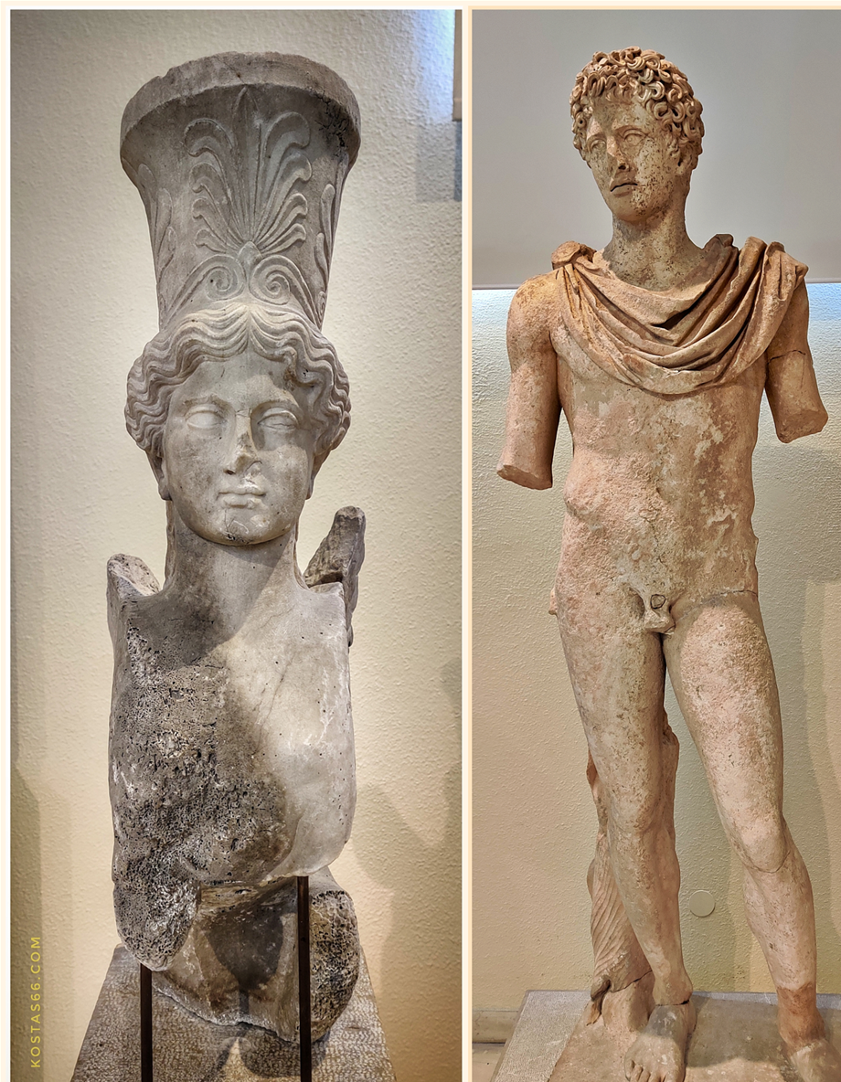 The sphinx found with the sculptured plaques above as cargo of wrecked ship (left). Statue of a naked touth from Kephissia; copy of the original; mid-2nd c.AD (right).