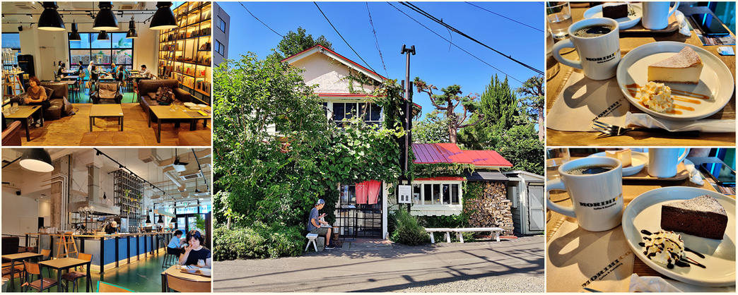The first Morihico café opened in Maruyama, Sapporo in 1996 (central picture). “Morihico Stay&Coffee” (left two pictures). Morihico coffee and cakes (two right cakes).