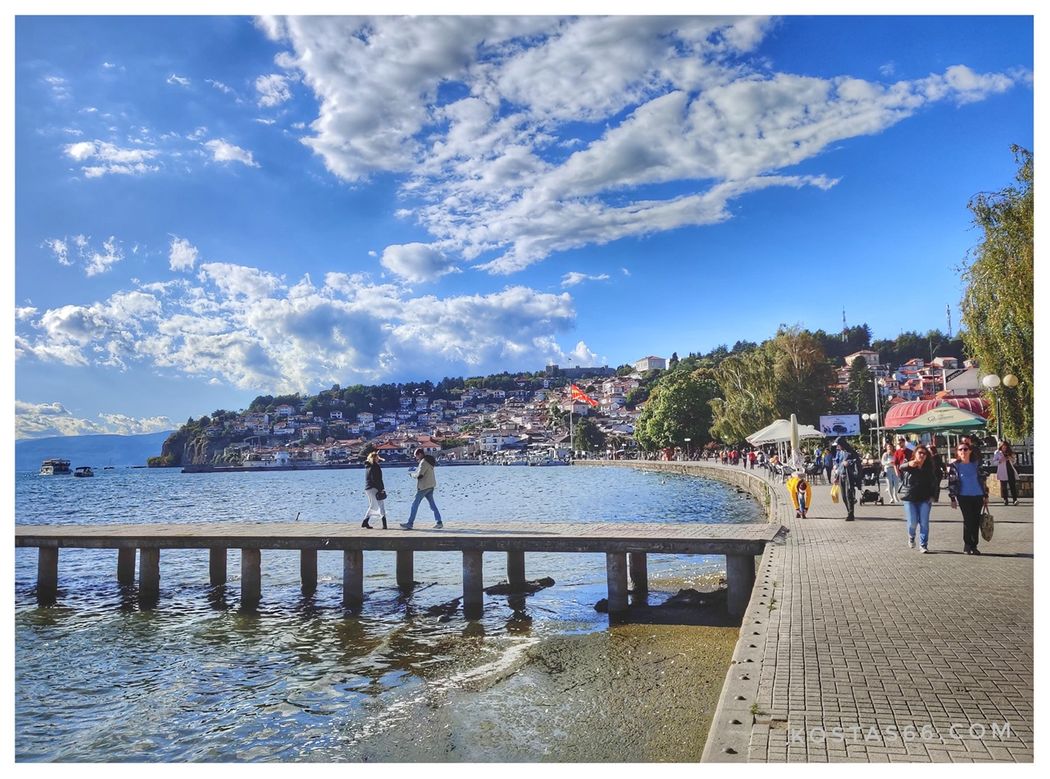 The old part of the city located on the hilly promontory seen from the long lakeshore promenade.