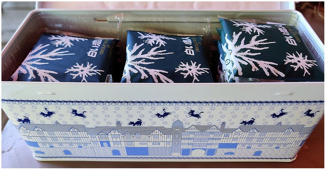 Shiroi Koibito special tin packaging featuring cats, a symbol of the Shiroi Koibito Park.