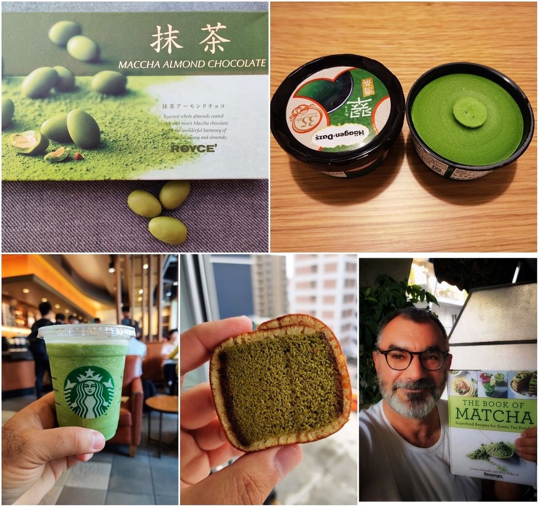 Matcha products: by Royce' (top left), by Haagen Dazs (top right), Starbucks (bottom left).  A piece of juicy matcha cake (bottom middle). 