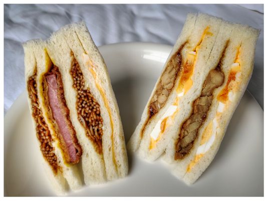 Soba noodles and Hamu katsu sandwich (left) Teriyaki chicken and egg sandwich (right).