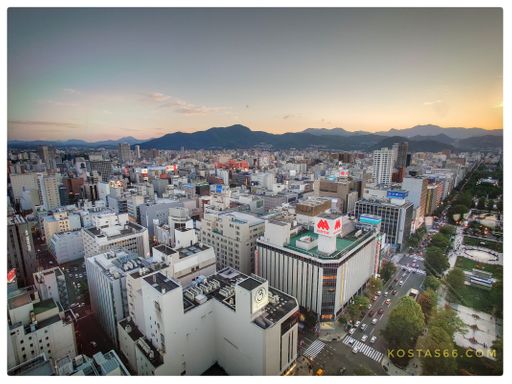 View from the observation deck of Sapporo TV Tower towards Mount Moiwa. Odori park can be seen on the right of the picture.