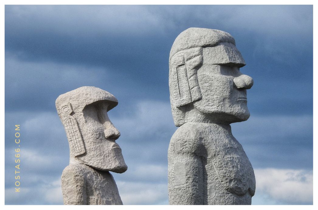 Two Moai heads at Makomanai Takino Cemetery.