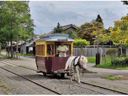The old horse-powered streetcar carries tourists in the village.