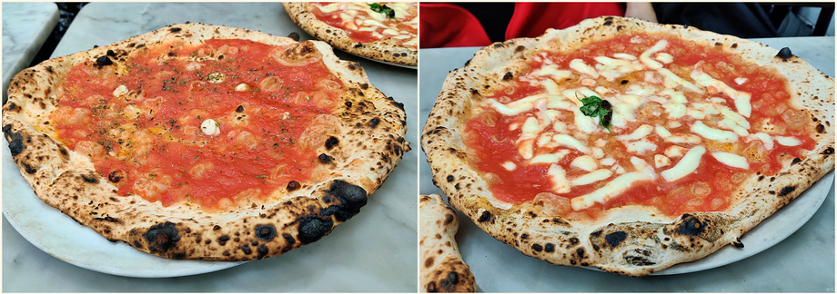 'L' Antica Pizzeria da Michele' serves only two kinds of pizza: marinara (left) and margherita (right).