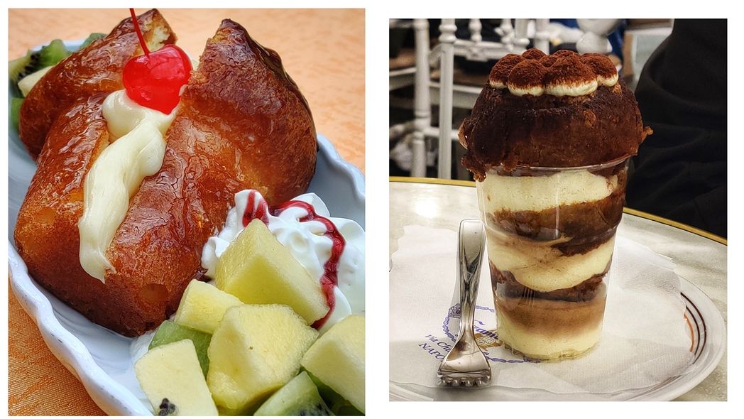A special baba at Fauno Bar in Piazza Torquato Tasso, in Sorrento (left) baba-tiramisu at Gran Caffè Gambrinus in Napoli (right).