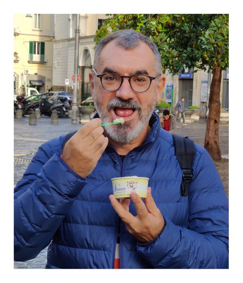 Enjoying pistachio gelato from  Gelateria della Scimmia in Piazza Carità.
