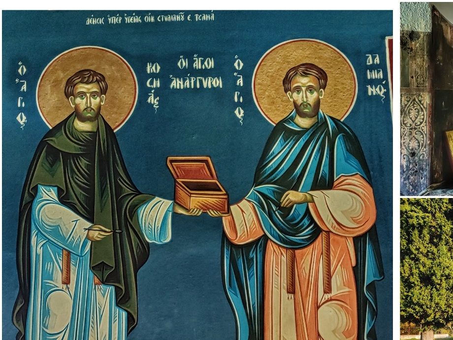 A contemporary fresco in the naive of Saint Anargyri church depicting Saint Anargyri (left). Inside the sanctuary of the church survive some of the lavish 17th century frescoes (top right).  The front (middle right) and the back (bottom right) side of the church.