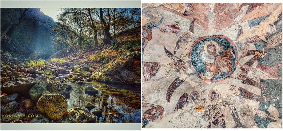 The stream next to the church of Saint Anargyri (left). The dome fresco in the ascetics.