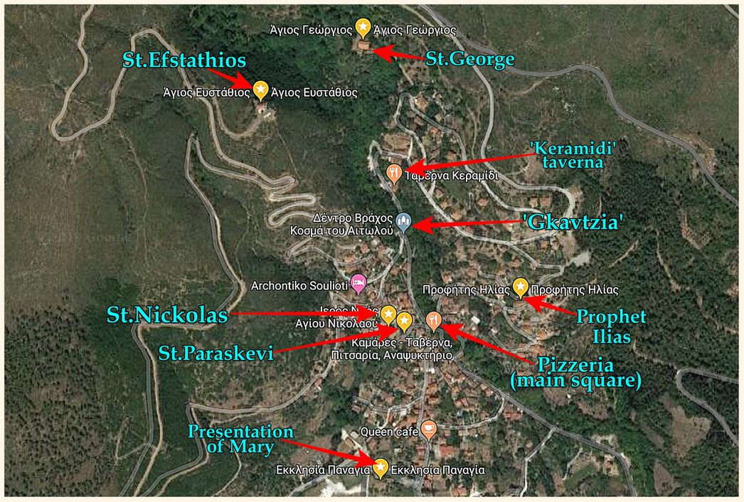 Map of the 6 Metaxochori churches.  The 