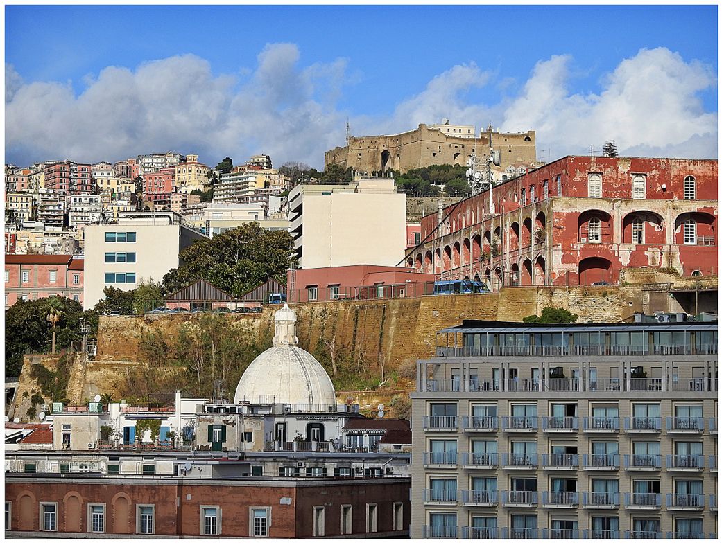 Castel dell' Ovo offers panoramic views.  Here towards Pizzofalcone hill and Vomero at the background.