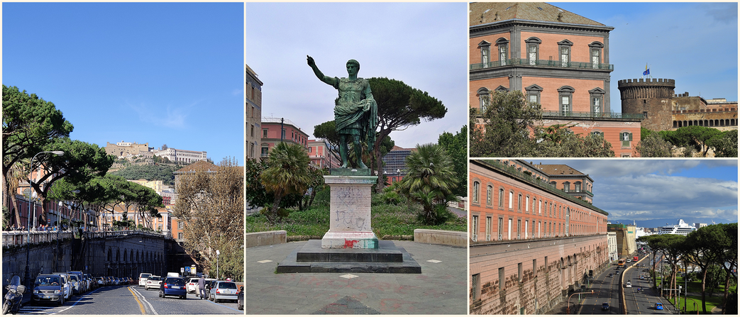 Cesario Console park above the road (left). Statua di Augusto(middle). The Palazzo Reale and Castel Nuovo (top right) and Palazzo Reale and Molosiglio Gardens (bottom right).