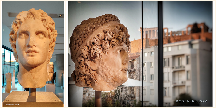 (Left). Head of youthful statue of Alexander the Great, carved by the sculptor Leochares or by Lysippos. Found in 1886 near the Erechtheion (336 BC).