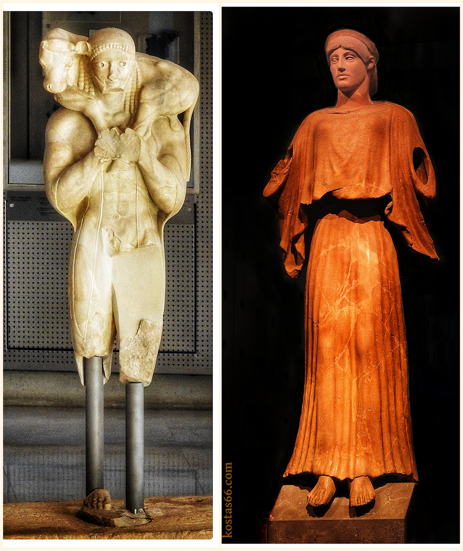 (Left) Moschophoros, commonly known as The Calf Bearer. It was excavated in fragments in the Perserschutt in the Acropolis of Athens in 1864. The statue, dated c. 560 BC and estimated to have originally measured 1.65 meters in height. (Right) Clay goddess Nike, possibly decorative element from the roof of a building (acroterion) (1st-3rd c. AD).