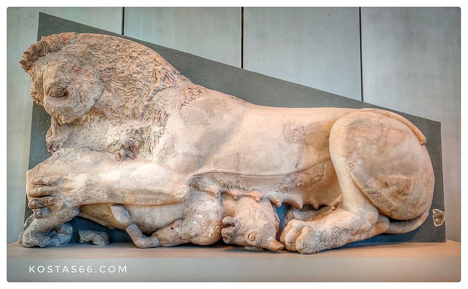 Sculpture from the east pediment  of the Hekatompedon depicting a lion killing a calf.