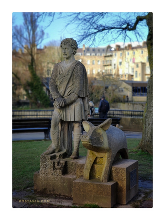 King Bladud is regarded as the founder of the City of Bath.  This statue, sculpted in 1859 by Pieroni, stands in the Parade Gardens.  The statue has had a somewhat chequered career of movement having once stood on the top of a fountain in Bath Street it was moved from that site in 1872 going to various addresses on Entry Hill and to the gardens of a nursing home.