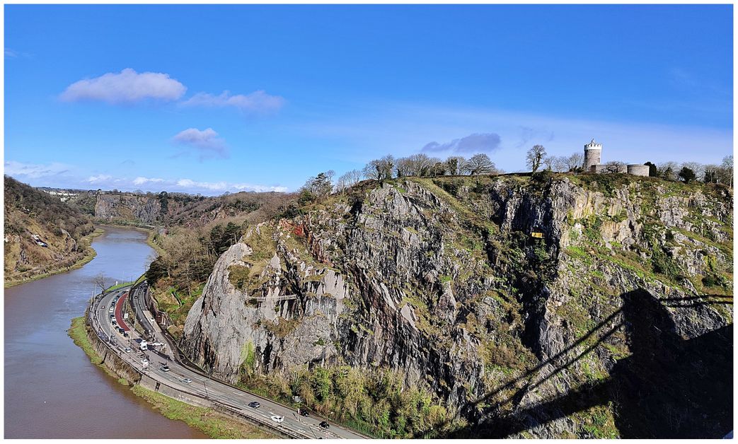 Avon Gorge and Clifton Observatory Hill. The yellow railings on St Vincent's Rocks (just under the observatory tower) is the Ghyston's Cave.