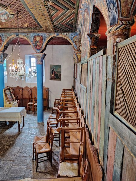 The wooden curtain that separates the narthex from the gyneconite of the church of the Presentation of the Blessed Virgin Mary.