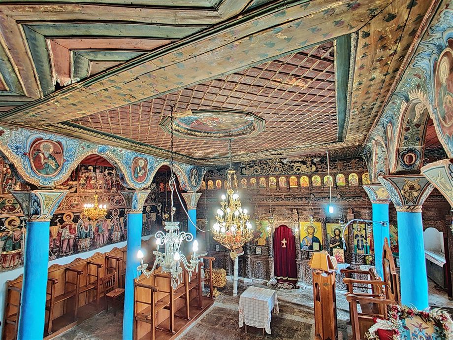 The wooden ceiling of the katholikon (church) of the Presentation of the Blessed Virgin Mary.