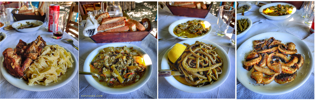 Eating at Taverna Zerzova. From left to right: wild boar and pasta, zucchini stew, green beans in olive oil and mushrooms with red pepper and vinegar.