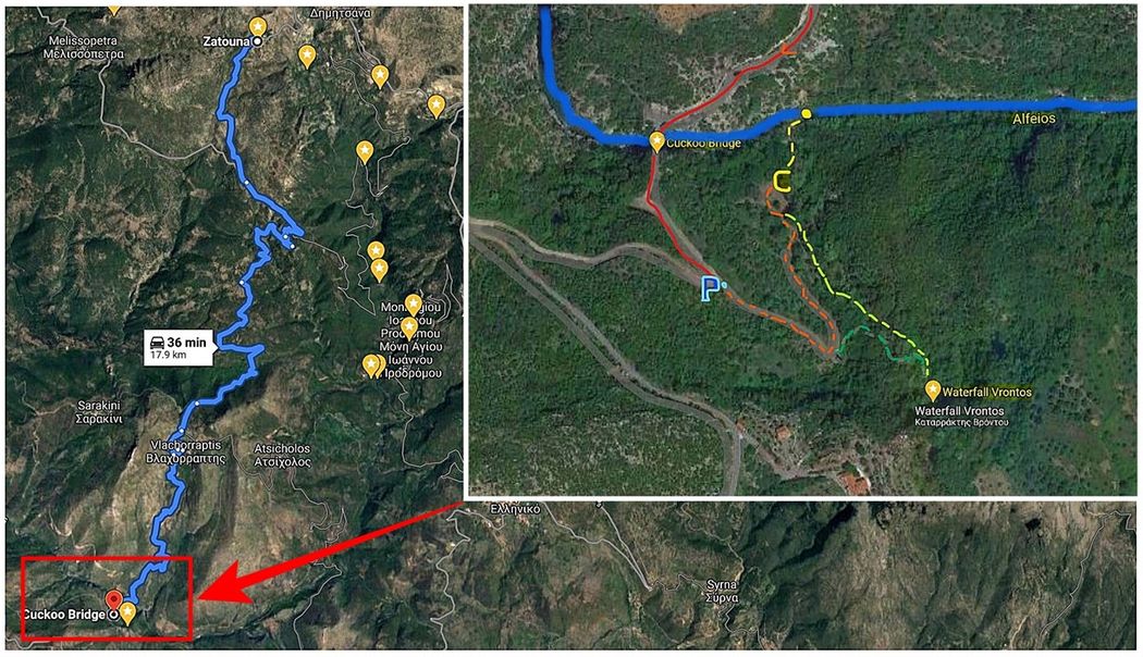 From Zatouna to Vrontou Waterfalls. P=car park, C=camp.